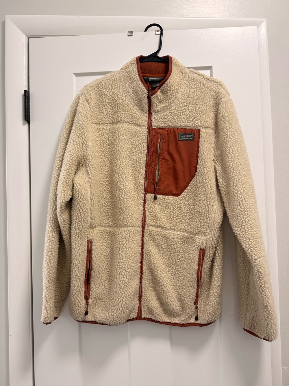 Men's Eddie Bauer Cream Sherpa Fleece Jacket with Rust Accents